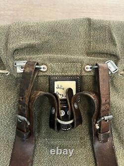 Vintage 60s Swiss Army Military Salt & Pepper Backpack Rucksack Canvas Leather