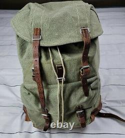 Vintage 70's Swiss Army Military Backpack Rucksack Salt Pepper Canvas Leather