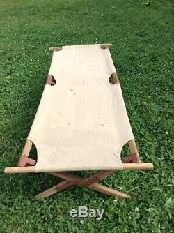 Vintage French Army Military Hospital Wood & Canvas Camp Bed Cot