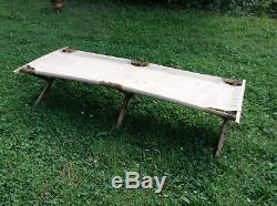 Vintage French Army Military Hospital Wood & Canvas Camp Bed Cot