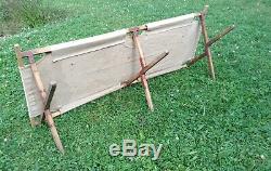 Vintage French Army Military Hospital Wood & Canvas Camp Bed Cot