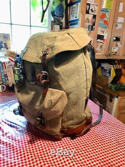 Vintage SWISS ARMY Military Leather Salt & Pepper BACKPACK
