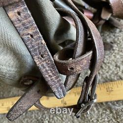 Vintage Swedish Army Military Mountain Backpack Leather Canvas Salt & Pepper