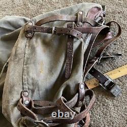 Vintage Swedish Army Military Mountain Backpack Leather Canvas Salt & Pepper