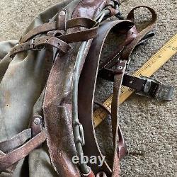 Vintage Swedish Army Military Mountain Backpack Leather Canvas Salt & Pepper