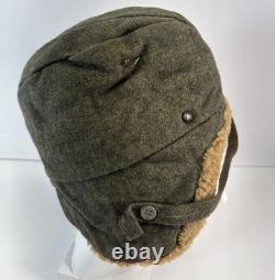 Vintage Swedish Army Military Wool Winter Cap Shearling Ear Flaps
