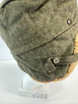 Vintage Swedish Army Military Wool Winter Cap Shearling Ear Flaps