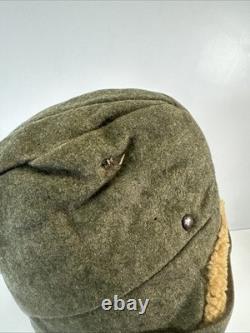 Vintage Swedish Army Military Wool Winter Cap Shearling Ear Flaps