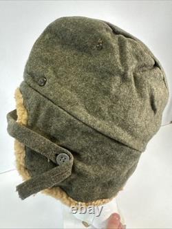 Vintage Swedish Army Military Wool Winter Cap Shearling Ear Flaps