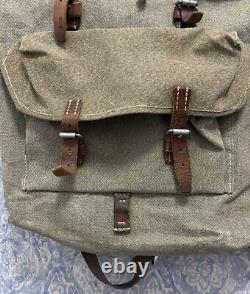 Vintage Swiss Army Military Backpack Rucksack Canvas Leather Salt & Pepper