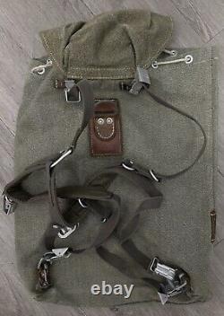 Vintage Swiss Army Military Backpack Rucksack Canvas Leather Salt & Pepper