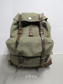 Vintage Swiss Army Military Backpack Rucksack Canvas Leather Salt & Pepper 1950s