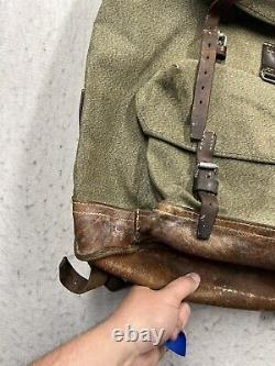 Vintage Swiss Army Military Backpack Rucksack Salt and Pepper Canvas & Leather