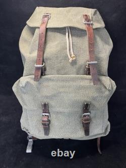 Vintage Swiss Army Military Mountain Backpack Canvas Leather Salt & Pepper 1958