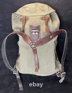Vintage Swiss Army Military Mountain Backpack Canvas Leather Salt & Pepper 1958