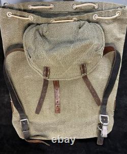 Vintage Swiss Army Military Mountain Backpack Canvas Leather Salt & Pepper 1958