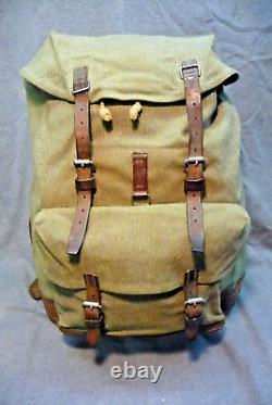 Vintage Swiss Army Military Mountain Backpack Leather Canvas Salt & Pepper 65