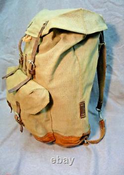 Vintage Swiss Army Military Mountain Backpack Leather Canvas Salt & Pepper 65