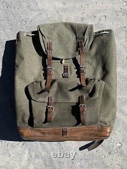 Vintage Swiss Army Military Mountain Backpack Leather Canvas Salt & Pepper WW2