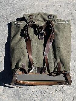 Vintage Swiss Army Military Mountain Backpack Leather Canvas Salt & Pepper WW2