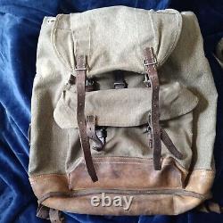 Vintage Swiss Army Military Mountain Backpack Rucksack Leather Canvas post WW2