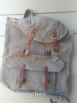 Vintage Swiss Army Military Mountain Backpack Rucksack Leather Canvas post WW2