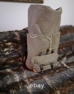 Vintage Swiss Army Military Mountain Pioneer Backpack Salt Pepper Leather Canvas