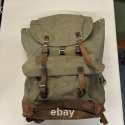 Vintage Swiss Army Salt Pepper Heavy Canvas Leather Military Rucksack Backpack