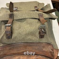Vintage Swiss Army Salt Pepper Heavy Canvas Leather Military Rucksack Backpack