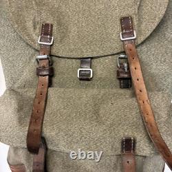 Vintage Swiss Army Salt Pepper Heavy Canvas Leather Military Rucksack Backpack