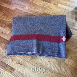 Vintage Swiss Army Wool Blanket Brown Red Stripe TB39 Military 72x51