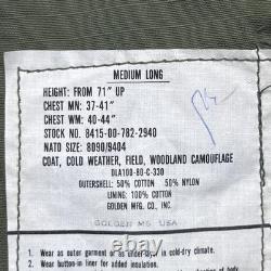 Vintage US Army M65 Field Coat Jacket Mens Medium Long Woodland Camo Hooded 80s