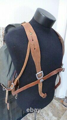 Vintage WWII Swedish Army Military Framed Canvas Leather Backpack Ruck 3 Crown