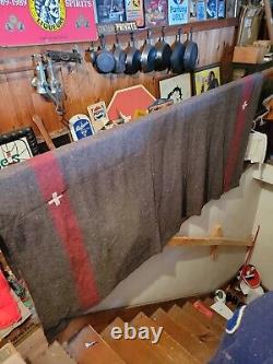 Vintage swiss army blanket wool military woollen red stripe cross 58x82