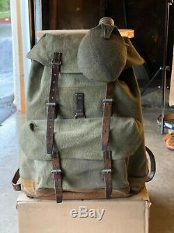 Vtg'60s SWISS ARMY Salt & Pepper Canvas Leather Backpack Military Rucksack Pack