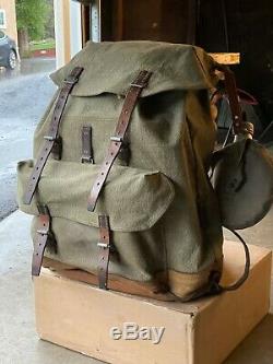 Vtg'60s SWISS ARMY Salt & Pepper Canvas Leather Backpack Military Rucksack Pack