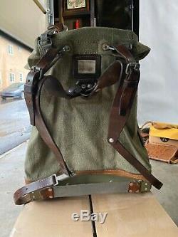 Vtg'60s SWISS ARMY Salt & Pepper Canvas Leather Backpack Military Rucksack Pack