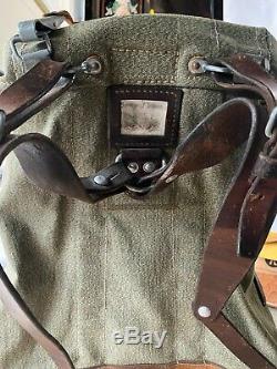 Vtg'60s SWISS ARMY Salt & Pepper Canvas Leather Backpack Military Rucksack Pack