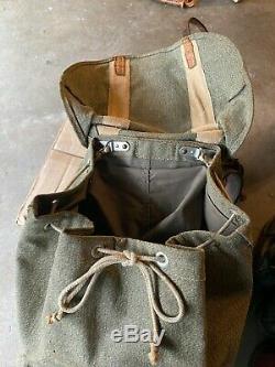 Vtg'60s SWISS ARMY Salt & Pepper Canvas Leather Backpack Military Rucksack Pack