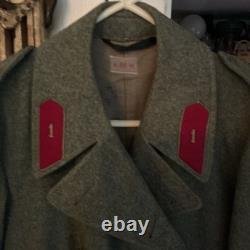 Vtg SWEDISH RED LAPEL GRAY ARMY MILITARY TRENCH COAT, WOOL N88M