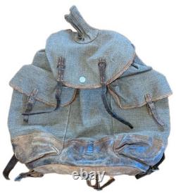 Vtg Swiss Army Military Backpack Rucksack Salt Pepper Canvas Leather 40s 50s