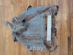Vtg Swiss Army Military Backpack Rucksack Salt Pepper Canvas Leather 40s 50s