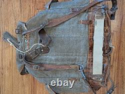 Vtg Swiss Army Military Backpack Rucksack Salt Pepper Canvas Leather 40s 50s