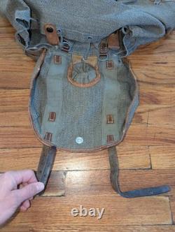 Vtg Swiss Army Military Backpack Rucksack Salt Pepper Canvas Leather 40s 50s