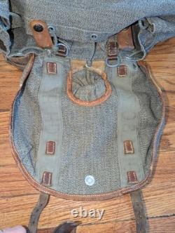 Vtg Swiss Army Military Backpack Rucksack Salt Pepper Canvas Leather 40s 50s