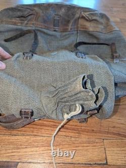 Vtg Swiss Army Military Backpack Rucksack Salt Pepper Canvas Leather 40s 50s