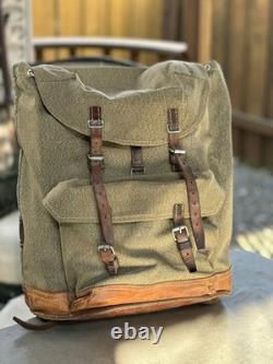 Vtg Swiss Army Military Backpack Rucksack Salt and Pepper Canvas & Leather