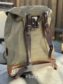 Vtg Swiss Army Military Backpack Rucksack Salt and Pepper Canvas & Leather