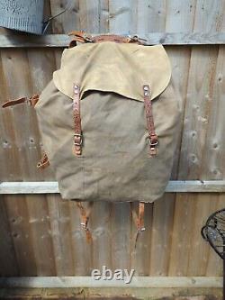 WWII Swedish Army Military Framed Canvas Leather Backpack Ruck 3 Crown Vtg